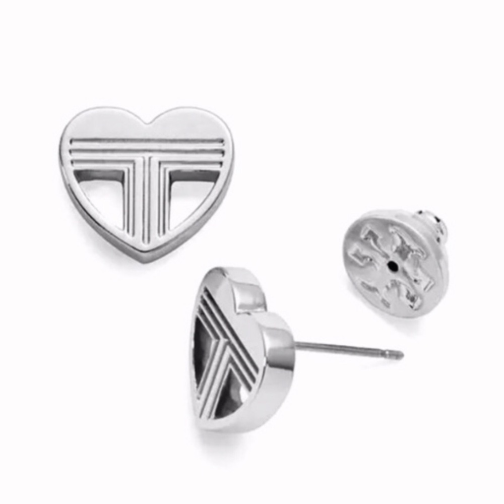 TORY BURCH • Silver Adeline Fret Logo Earrings - Picture 3 of 5